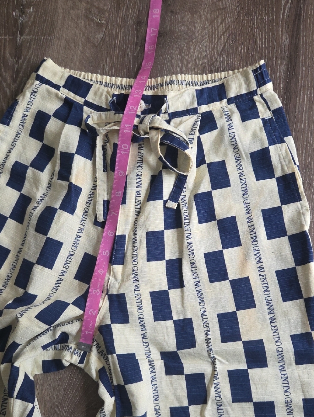 Gianni Valentino Cropped Blue and Cream Checkered Logo Linen Pants XS - Picture 6 of 8
